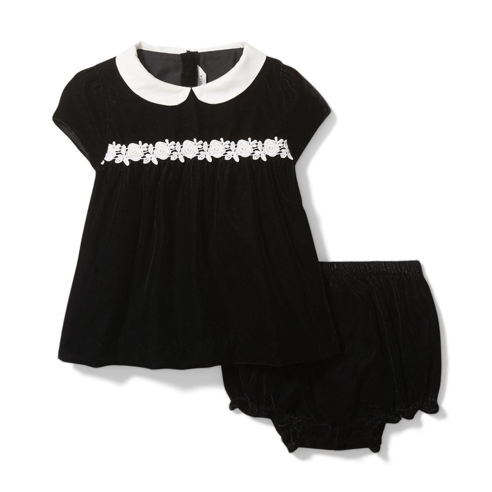 Janie & Jack 0-3month girl velvet matching set in black w/ white lace detail